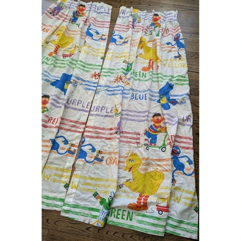 Vntg Sesame Street Characters Curtains 4 Panels 61x40 Big Bird Bert Ernie Oscar